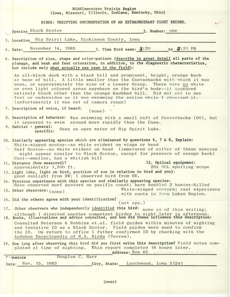 Rare bird documentation form for a Black Scoter at Big Spirit Lake in Dickinson County, IA on November 14, 1985.