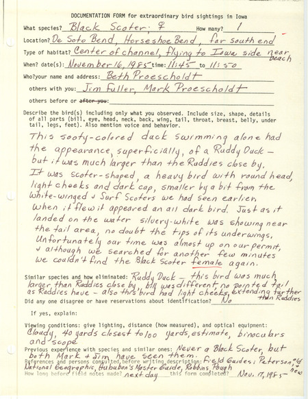 Rare bird documentation form for a Black Scoter at DeSoto Bend in Harrison County, IA on November 16, 1985.