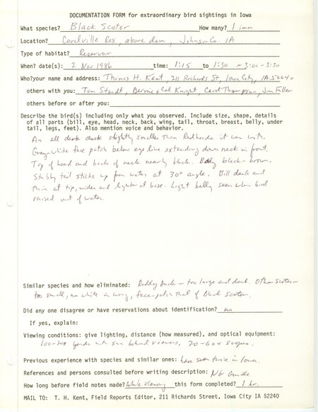 Rare bird documentation form for a Black Scoter at Coralville Reservoir in Johnson County, IA on November 2, 1986.