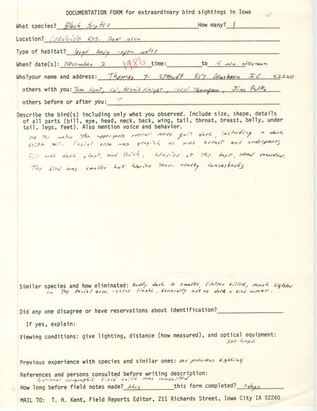 Rare bird documentation form for a Black Scoter at Coralville Reservoir in Johnson County, IA on November 2, 1986.