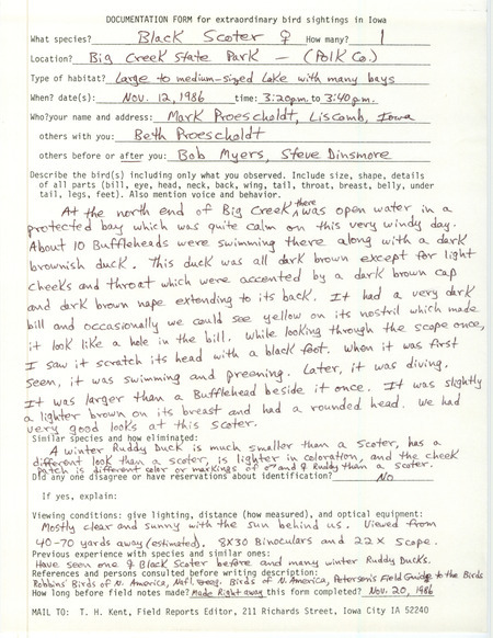 Rare bird documentation form for a Black Scoter at Big Creek State Park in Polk County, IA on November 12, 1986.