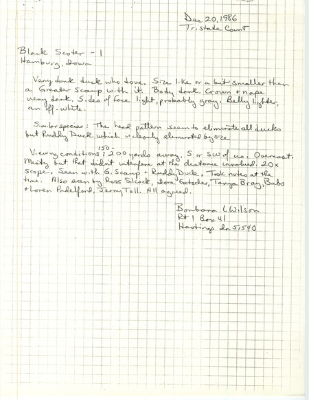 Field notes contributed by Barbara L. Wilson detailing the sighting of a Black Scoter at Hamburg in Fremont County, IA on December 20, 1986.