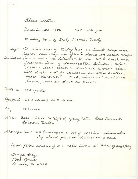 Rare bird documentation form for a Black Scoter at Hamburg exit on I-29 in Fremont County, IA on December 20, 1986.
