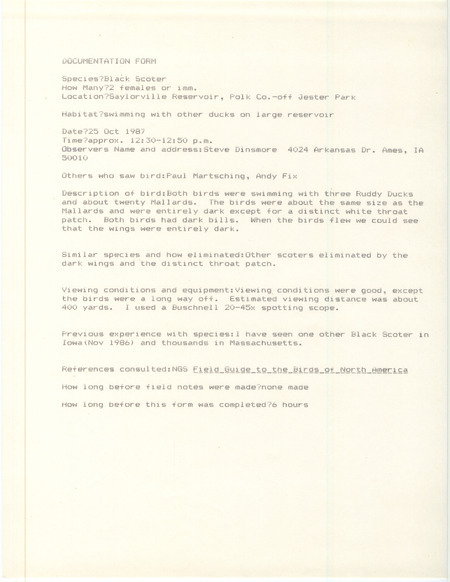 Rare bird documentation form for two Black Scoters at Saylorville Reservoir in Polk County, IA on October 25, 1987.