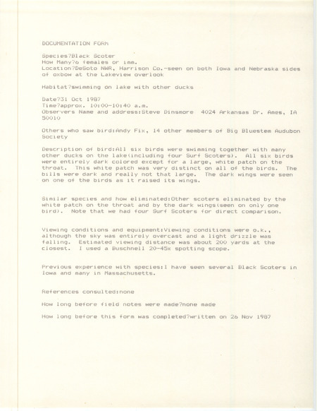 Rare bird documentation form for six Black Scoters at DeSoto National Wildlife Refuge in Harrison County, IA on October 31, 1987.
