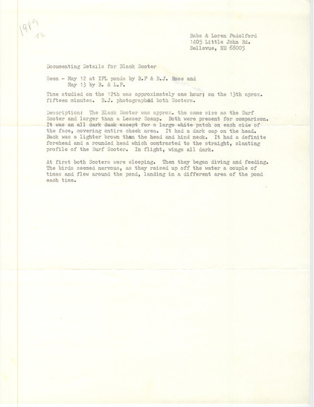 Rare bird documentation form for two separate sightings for a Black Scoter at MidAmerican Energy Ponds in Pottawattamie County, IA on May 12 and 13, 1989.