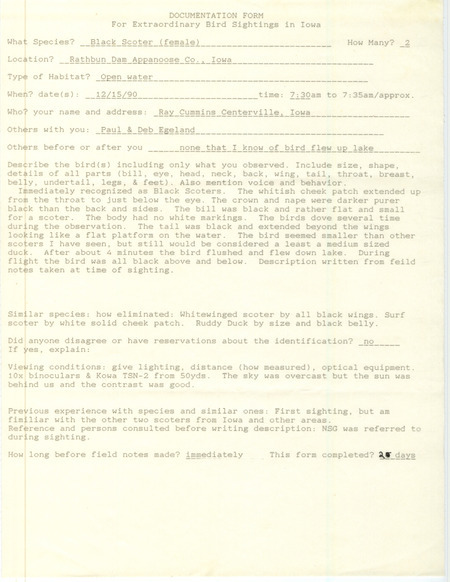 Rare bird documentation form for two Black Scoters at Rathbun Dam in Appanoose County, IA on December 15, 1990.