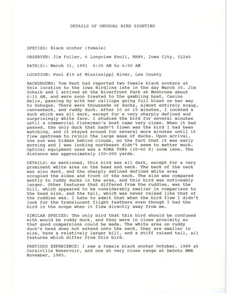 Rare bird documentation form for a Black Scoter at Pool 19 in Lee County, IA on March 31, 1991.