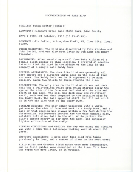Rare bird documentation form for a Black Scoter at Pleasant Creek Lake State Park in Linn County, IA on October 24, 1992.