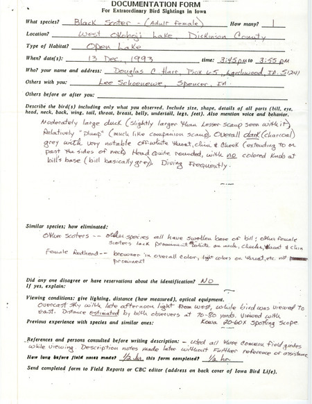 Rare bird documentation form for a Black Scoter at West Okoboji Lake in Dickinson County, IA on December 13, 1993.