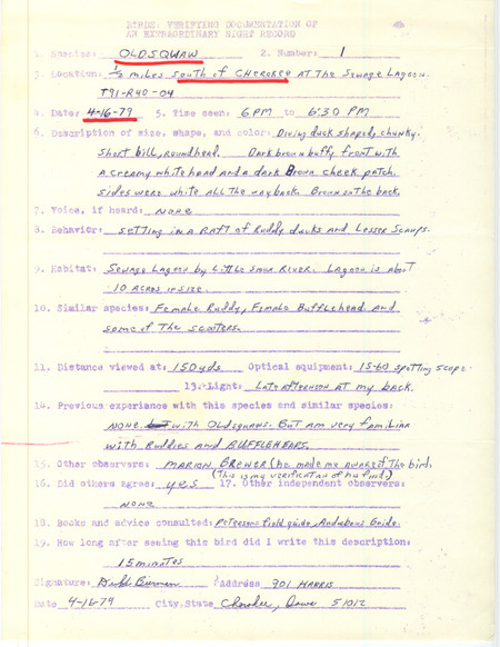 Rare bird documentation form for a Long-tailed Duck at Cherokee in Cherokee County, IA on April 16, 1979.