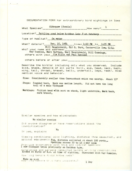 Rare bird documentation form for Long-tailed Duck at Rathbun Lake Fish Hatchery in Appanoose County, IA on December 15, 1984.