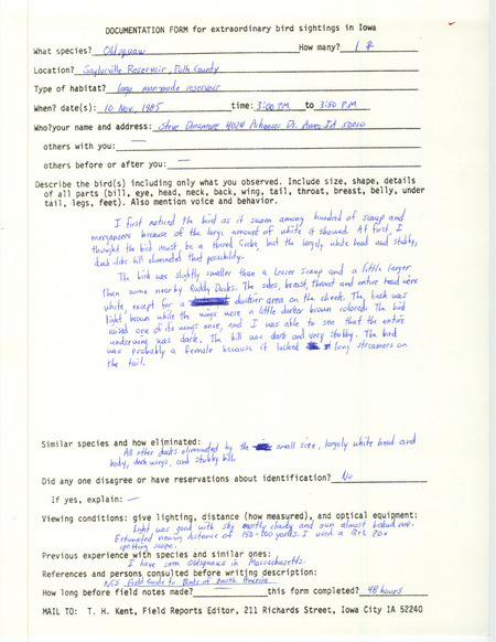 Rare bird documentation form for a Long-tailed Duck at Saylorville Reservoir in Polk County, IA on November 10, 1985.