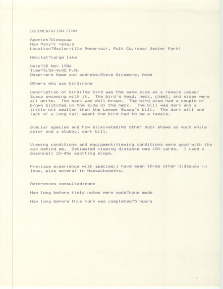 Rare bird documentation form for a Long-tailed Duck at Saylorville Reservoir in Polk County, IA on November 28, 1986.