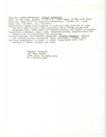 Rare bird documentation form for a Common Merganser at Sand Point in Coralville Reservoir in Johnson County, IA on May 25 and 30, 1992.