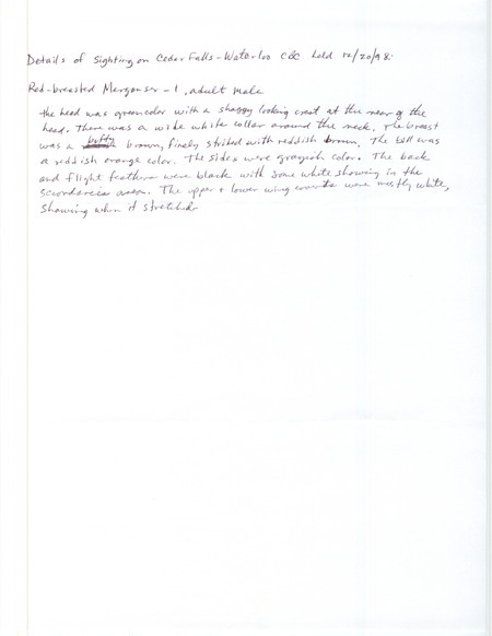 Rare bird sighting details for Red-breasted Merganser during the Cedar Falls-Waterloo Christmas Bird County in Black Hawk County, IA on December 20, 1998.