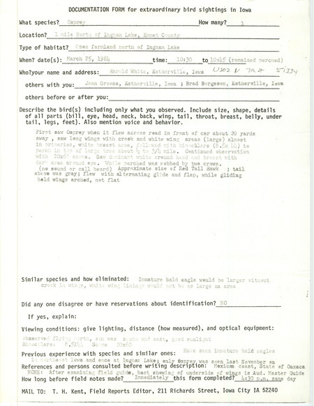 Rare bird documentation form for an Osprey at Ingham Lake in Emmet County, IA on March 25, 1984.