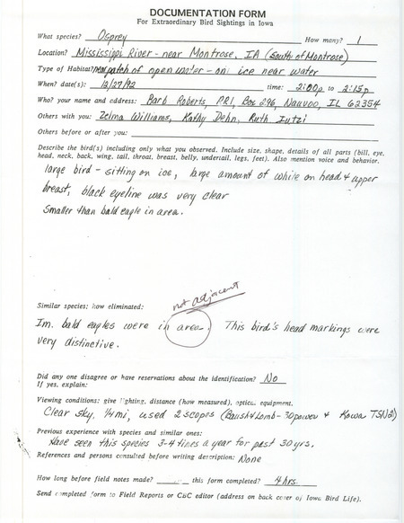 Rare bird documentation form for a Osprey at Montrose in Lee County, IA on December 27, 1992.