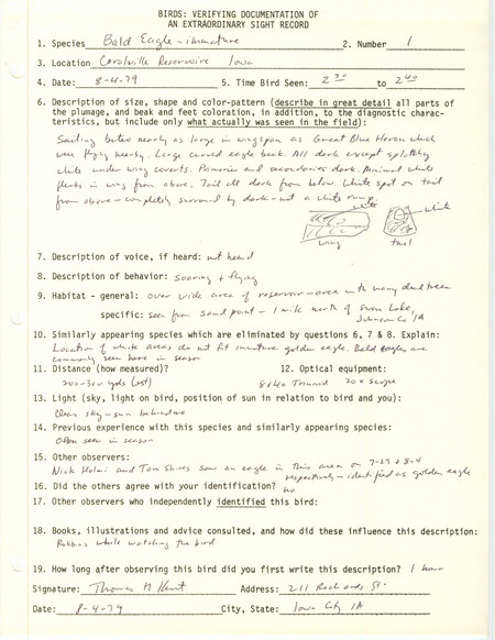 Rare bird documentation form for a Bald Eagle at Coralville Reservoir in Johnson County, IA on August 4, 1979.