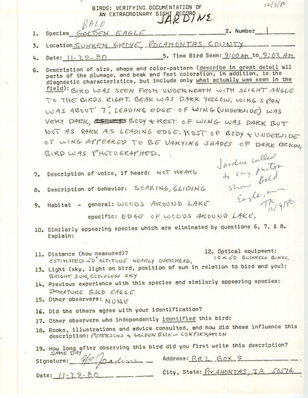 Rare bird documentation form for a Bald Eagle at Sunken Grove in Pocahontas County, IA on November 29, 1980.