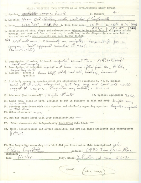 Rare bird documentation for four Cooper's Hawks at Saylorville in Polk County, IA on June 29, July 13, and July 26, 1985.