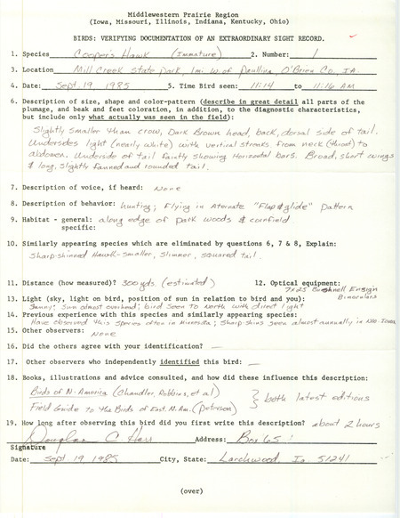 Rare bird documentation form for a Cooper's Hawk at Mill Creek State Park in O'Brien County, IA on September 19, 1985.