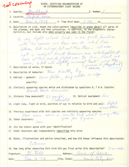 Rare bird documentation form for a Northern Goshawk at Oxford in Johnson County, IA on December 2, 1978.