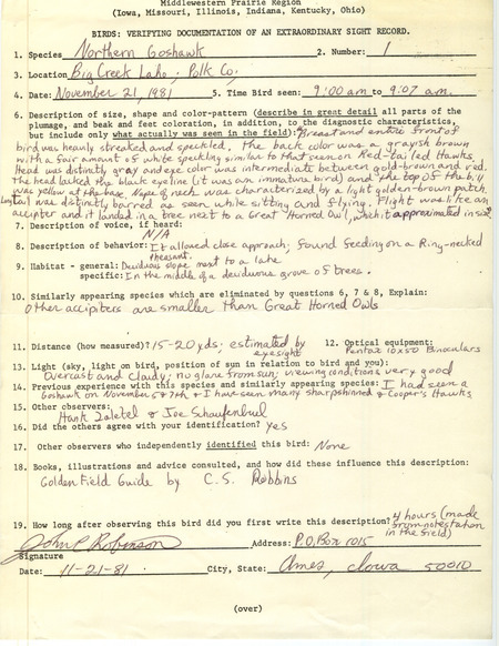 Rare bird documentation form for a Northern Goshawk at Big Creek Lake in Polk County, IA on November 21, 1981.