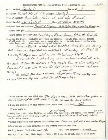 Rare bird documentation form for a Northern Goshawk at Sweet March in Bremer County, IA on December 19, 1981.