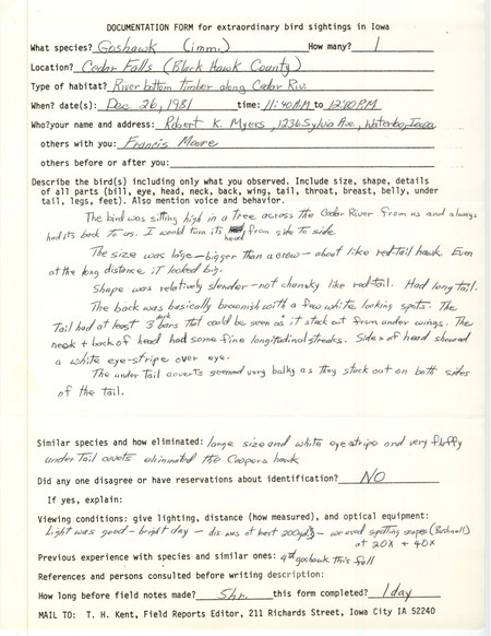 Rare bird documentation form for a Northern Goshawk at Cedar Falls in Black Hawk County, IA on December 26, 1981.