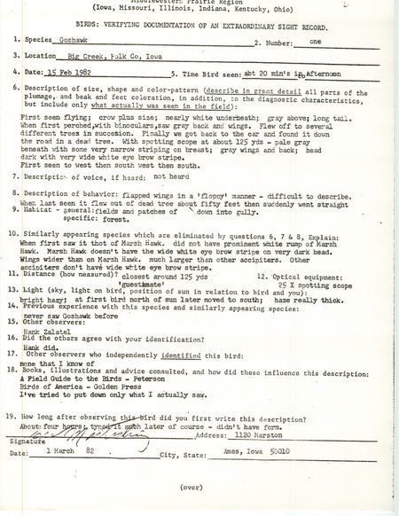 Rare bird documentation form for a Northern Goshawk at Big Creek in Polk County, IA on February 15, 1982.