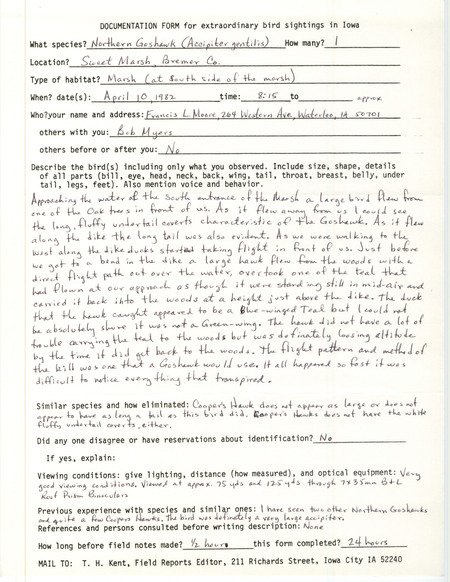 Rare bird documentation form for a Northern Goshawk at Sweet March in Bremer County, IA on April 10, 1982.