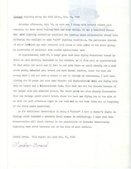 Rare bird report for a Northern Goshawk on the Rock River between Doon and Rock Valley in Lyon County, IA on October 16, 1982.
