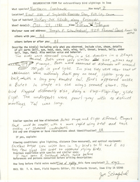 Rare bird documentation form for two Northern Goshawks at Saylorville Reservoir Dam in Polk County, IA on October 29, 1982.