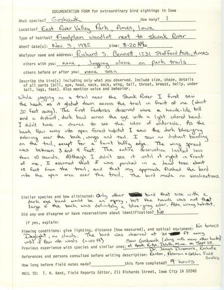 Rare bird documentation form for a Northern Goshawk at East River Valley Park at Ames in Story County, IA on November 3, 1982.