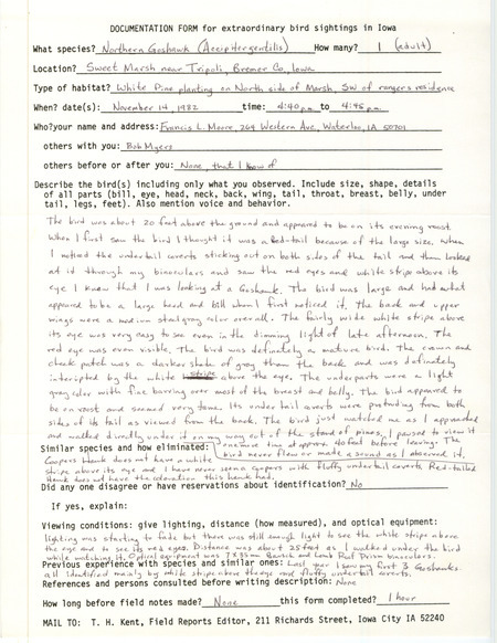Rare bird documentation form for a Northern Goshawk at Sweet March in Bremer County, IA on November 14, 1982.