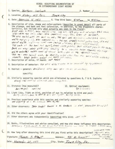 Rare bird documentation form for a Northern Goshawk at Hickory Hill Park in Johnson County, IA on November 16, 1982.