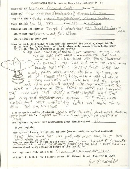 Rare bird documentation form for a Northern Goshawk at Yellow River Forest at Allamakee County, IA on November 21, 1982.