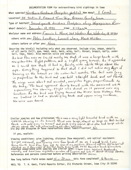 Rare bird documentation form for a Northern Goshawk at Fremont Township in Bremer County, IA on December 18, 1982.