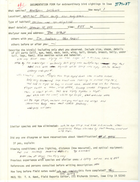 Rare bird documentation form for a Northern Goshawk at Sandy Beach in Johnson County, IA on December 18, 1982.