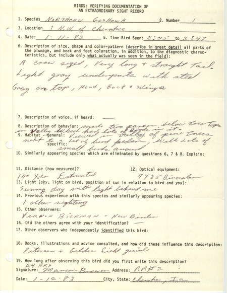 Rare bird documentation form for a Northern Goshawk at Cherokee in Cherokee County, IA on January 11, 1983.