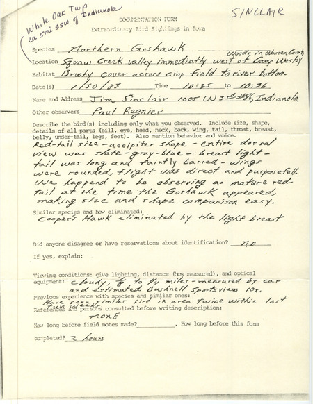 Rare bird documentation form for a Northern Goshawk at Camp Wesley Woods in Warren County, IA on January 30, 1983.