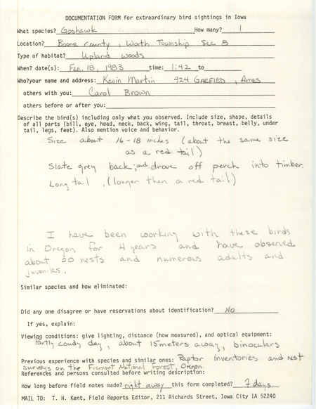 Rare bird documentation form for a Northern Goshawk at Worth Township in Boone County, IA on February 18, 1983.