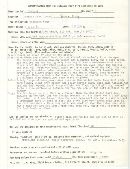 Rare bird documentation form for two Northern Goshawks at Douglas Cass Township in Boone County, IA on February 19, 1983.