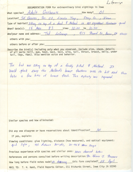 Rare bird documentation form for a Northern Goshawk at Lincoln Township in Story County, IA on March 15, 1983.