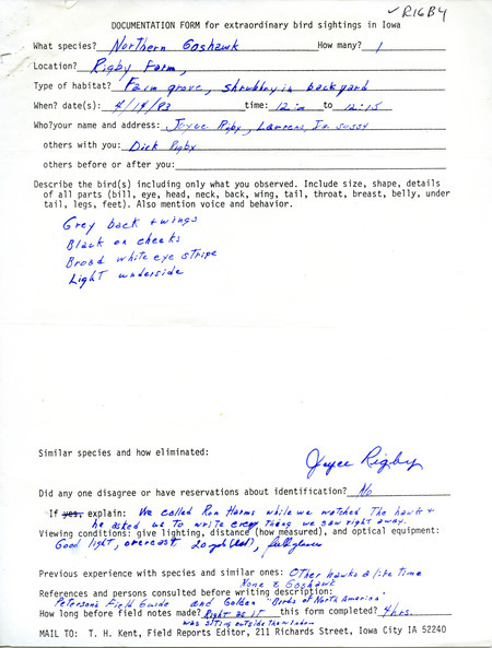 Rare bird documentation form for a Northern Goshawk at Rigby Farm, Laurens in Pocahontas County, IA on April 14, 1983.