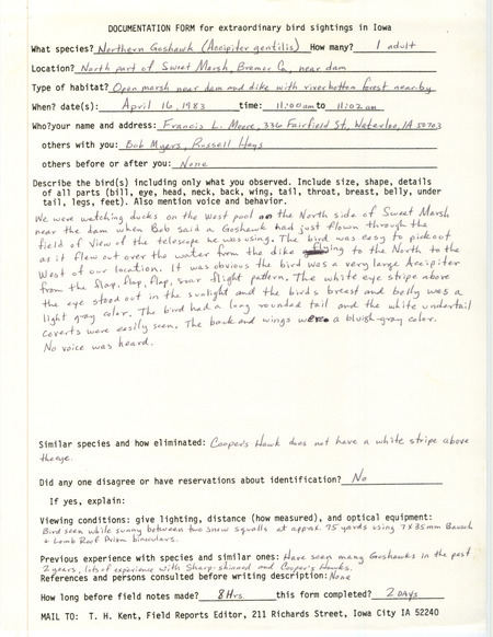Rare bird documentation form for a Northern Goshawk at Sweet March in Bremer County, IA on April 16, 1983.