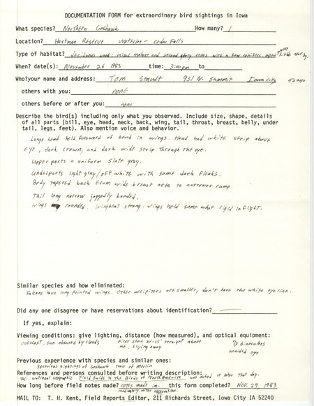 Rare bird documentation form for a Northern Goshawk at Hartman Reserve in Black Hawk County, IA on November 26, 1983.