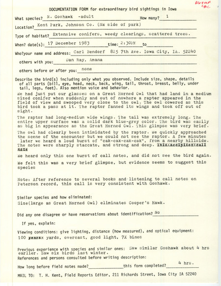 Rare bird documentation form for a Northern Goshawk at Kent Park in Johnson County, IA on December 17, 1983.