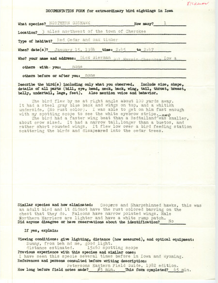 Rare bird documentation form for a Northern Goshawk at Cherokee in Cherokee County, IA on January 15, 1984.